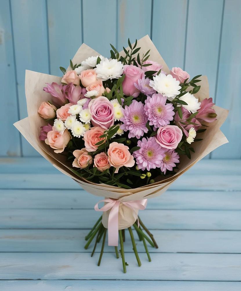 Букет цветов из: Хризантемы, Розы и Альстромерии в Речицы