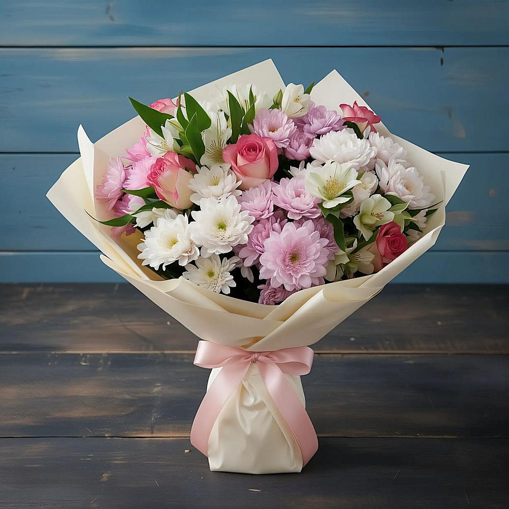 Букет цветов из: Хризантемы, Альстромерии и Розы в Речицы